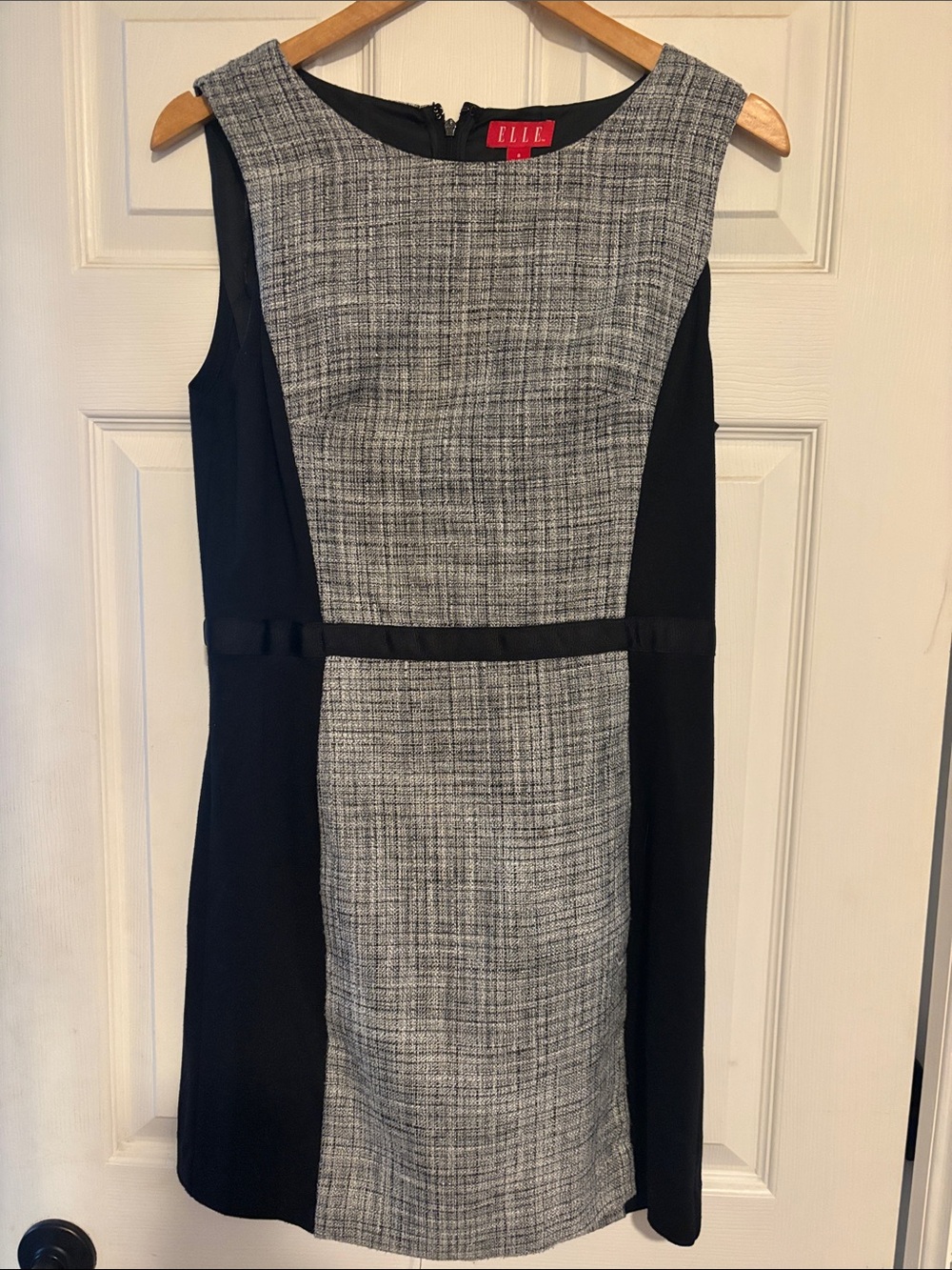 ELLE Black and Gray Ponte Tweed-Inset Midi Sheath Dress